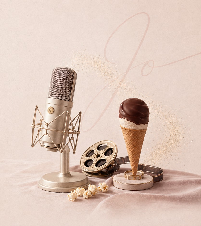 Champagne studio microphone, choc top ice cream, vintage film reel and popcorn on blush velvet