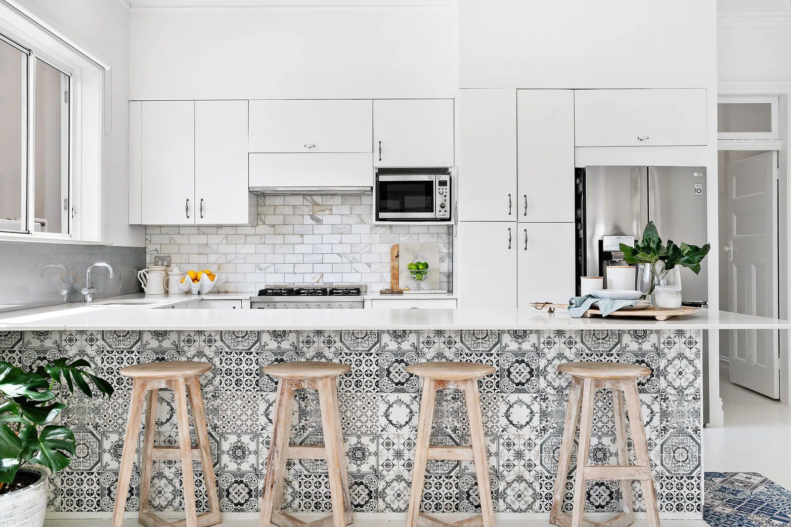 Kitchen with patterned tile island