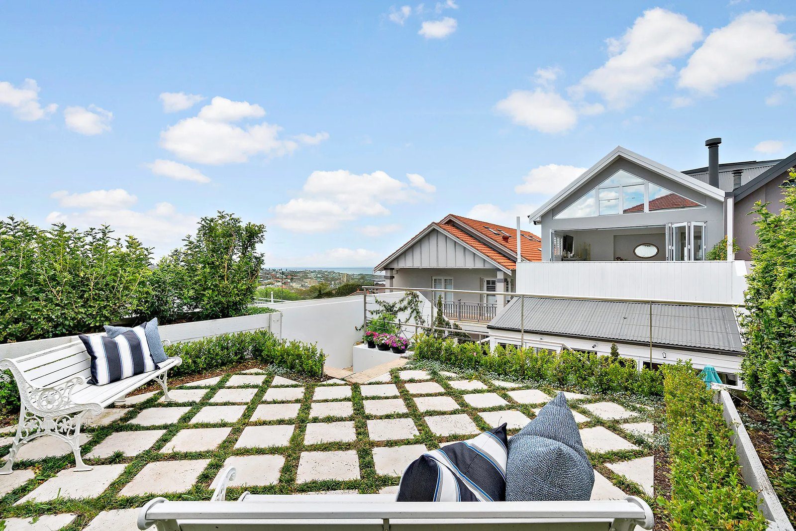 Rooftop garden with checkerboard pavers