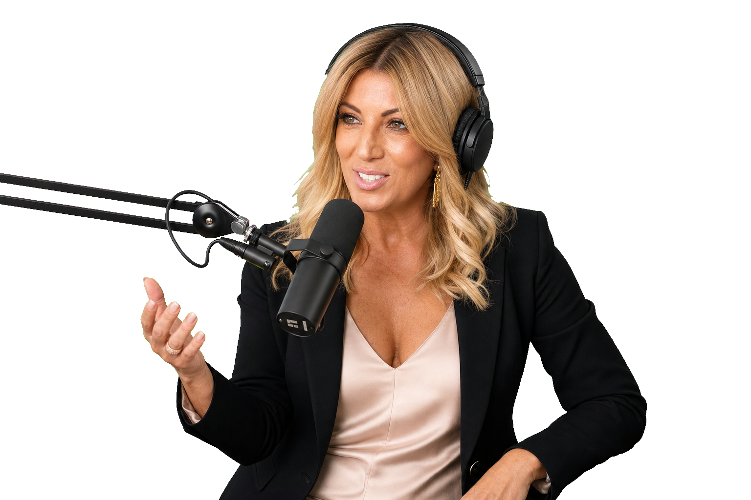 Jo Casamento at the podcast microphone