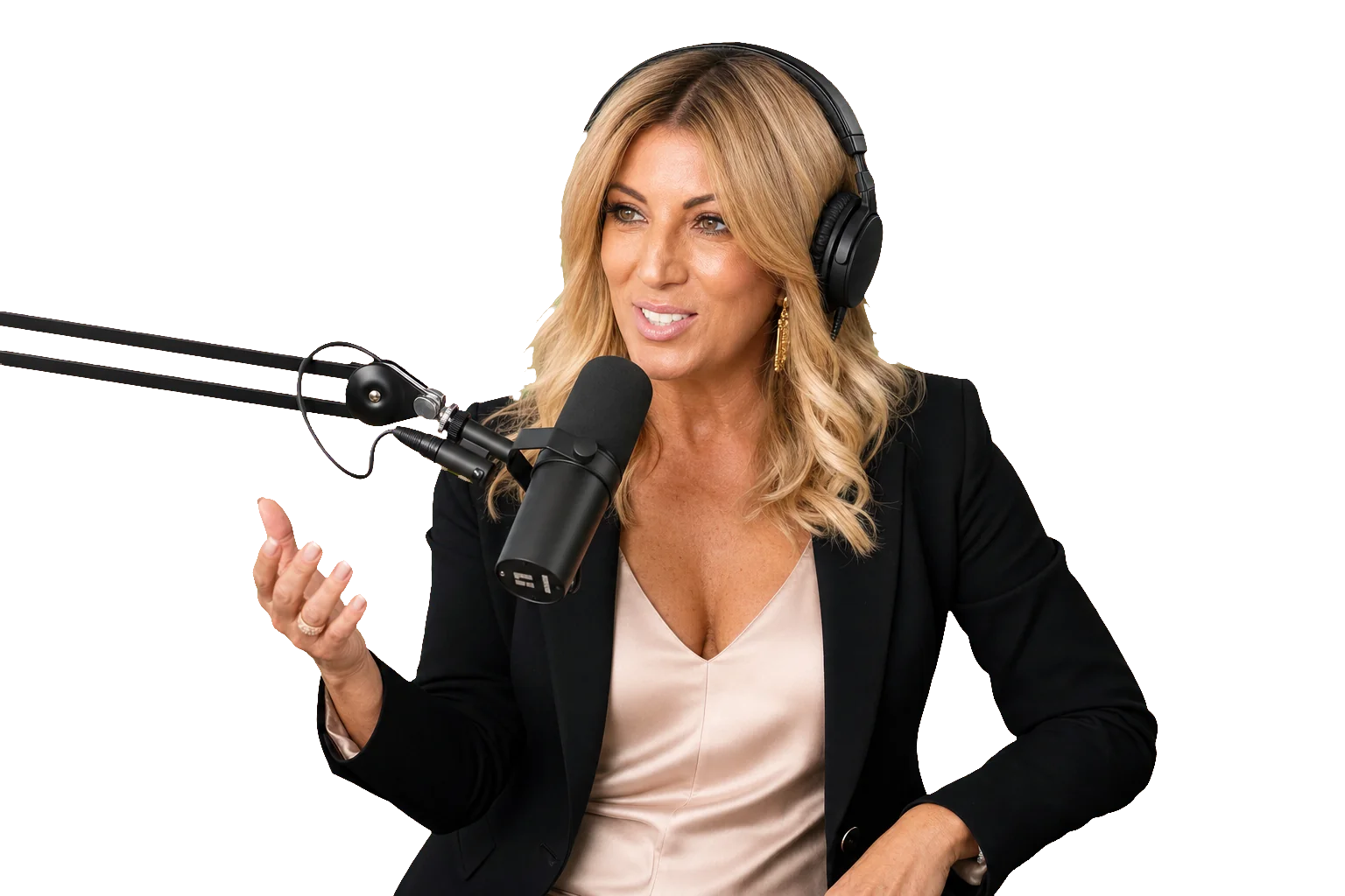 Jo Casamento at the podcast microphone